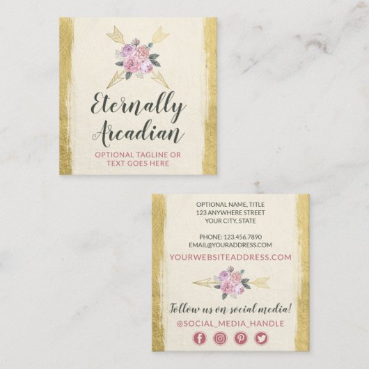 Rustic Bohemian Floral Arrows Gold Boho Social Vierkante Visitekaartje (Voorkant / Achterkant)