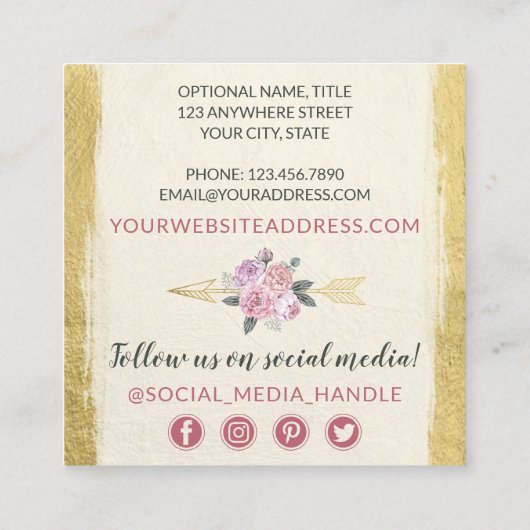Rustic Bohemian Floral Arrows Gold Boho Social Vierkante Visitekaartje (Achterkant)
