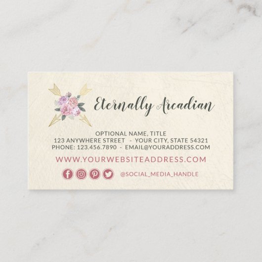 Rustic Bohemian Floral Arrows Gold Boho Social Visitekaartje (Achterkant)