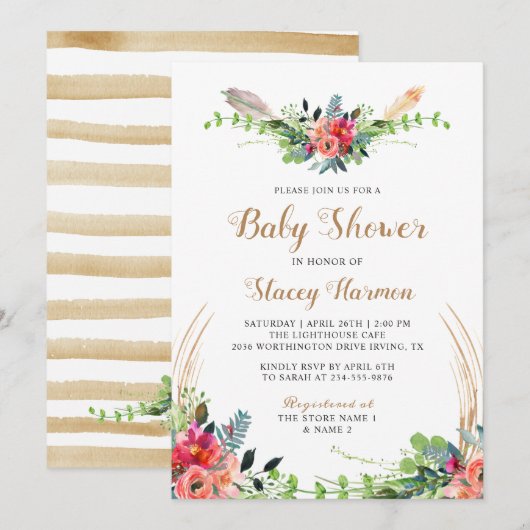 Rustic Bohemian Floral Waterverf Baby shower Kaart (Voorkant / Achterkant)