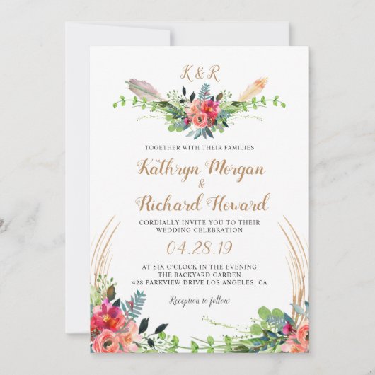 Rustic Bohemian Floral Waterverf Monogram bruiloft Kaart (Voorkant)