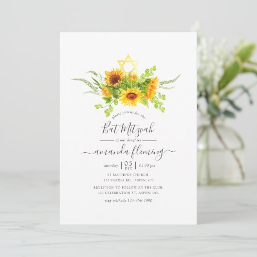 Rustic Bohemian Sunflower Bat Mitzvah Kaart (Staand voorkant)