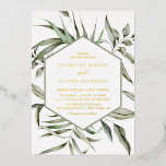 Rustic Bohemian Waterverf Greenery Lijst Wedding Folie Uitnodiging<br><div class="desc">Nodig gasten uit met deze bruistoelfolie op huwelijksuitnodiging. Het kenmerkt waterverf hexagon lijst van diverse bladeren en takken met een overeenkomstig groen patroon. Deze uitnodigende uitnodiging voor een groene bruiloft is perfect voor boho bruiloften, grove bruiloften en valbruiloften. Pas deze boho trouwuitnodiging aan door je trouwgegevens toe te voegen. Deze...</div>