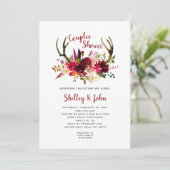 Rustic Boho Antler Burgundy Floral Couples Shower Kaart (Staand voorkant)