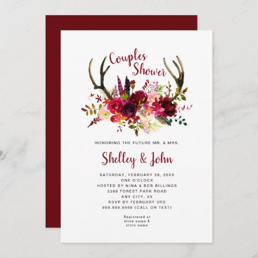 Rustic Boho Antler Burgundy Floral Couples Shower Kaart (Voorkant / Achterkant)