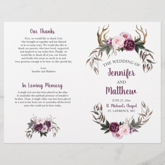 Rustic Boho Antlers Paarse Plum Pink Peonies (Voorkant)