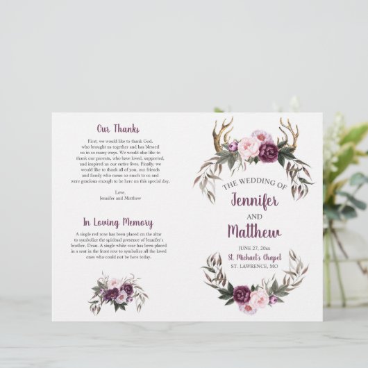 Rustic Boho Antlers Paarse Plum Pink Peonies (Staand voorkant)