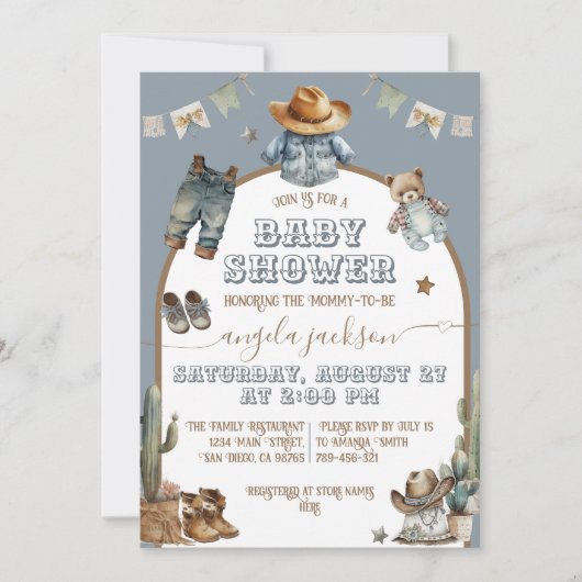 Rustic Boho arch Wild West Blue Boy Baby shower Kaart (Voorkant)