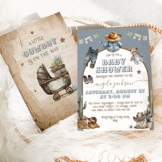 Rustic Boho arch Wild West Blue Boy Baby shower Kaart