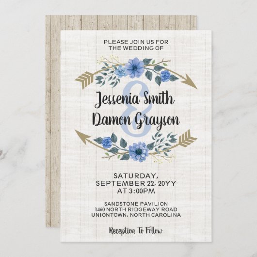Rustic Boho Arrows & Floral Wedding Invitation Kaart (Voorkant / Achterkant)