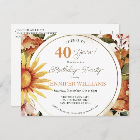 Rustic Boho Autumn Sunflower 40th Birthday Party I Uitnodiging Briefkaart (Voorkant / Achterkant)
