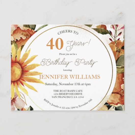 Rustic Boho Autumn Sunflower 40th Birthday Party I Uitnodiging Briefkaart (Voorkant)