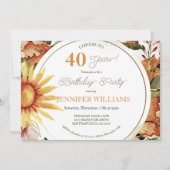 Rustic Boho Autumn Sunflower 40th Birthday Party Kaart (Voorkant)