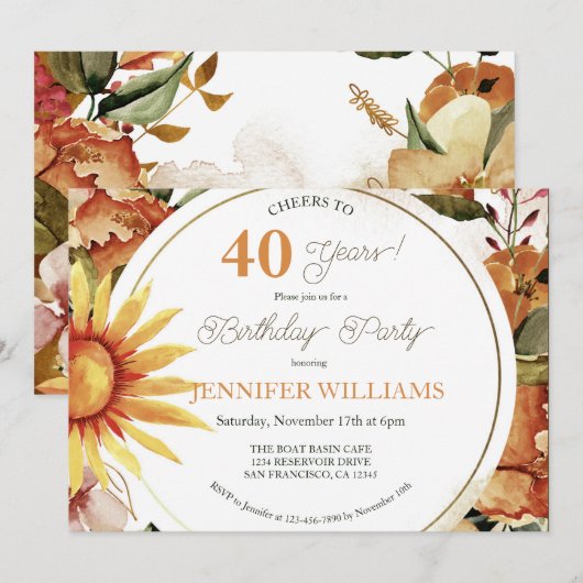 Rustic Boho Autumn Sunflower 40th Birthday Party Kaart (Voorkant / Achterkant)