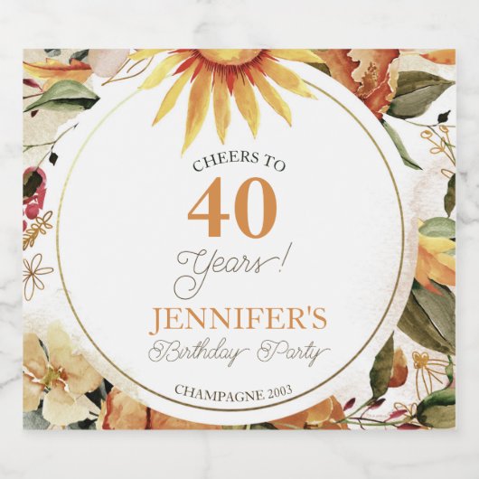 Rustic Boho Autumn Sunflower 40th Birthday Party Sparkling Wijnetiket (Enkel label)