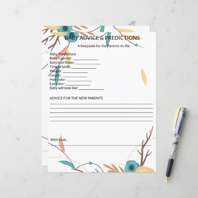 Rustic Boho Baby Shower Baby Advice & Predictions (Voorkant / Achterkant in situ)