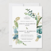 Rustic Boho Blauwgroen Blue Botanical Gold Wedding Kaart (Voorkant)
