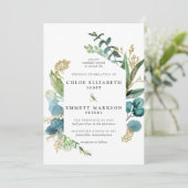 Rustic Boho Blauwgroen Blue Botanical Gold Wedding Kaart (Staand voorkant)