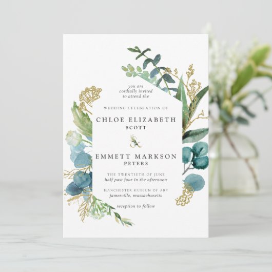 Rustic Boho Blauwgroen Blue Botanical Gold Wedding Kaart (Staand voorkant)