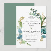 Rustic Boho Blauwgroen Blue Botanical Gold Wedding Kaart (Voorkant / Achterkant)