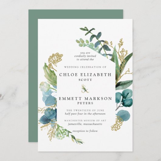 Rustic Boho Blauwgroen Blue Botanical Gold Wedding Kaart (Voorkant / Achterkant)