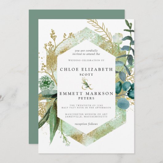 Rustic Boho Blauwgroen Blue Botanical Gold Wedding Kaart (Voorkant / Achterkant)