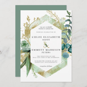 Rustic Boho Blauwgroen Blue Botanical Gold Wedding Kaart