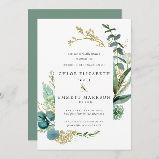 Rustic Boho Blauwgroen Blue Botanical Gold Wedding Kaart (Voorkant / Achterkant)
