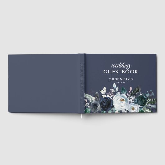 Rustic Boho Blue Floral Waterverf Wedding Gastenboek (Volledig)