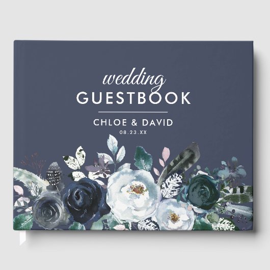 Rustic Boho Blue Floral Waterverf Wedding Gastenboek (Voorkant)