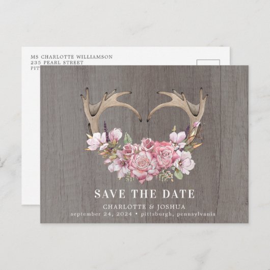 Rustic Boho Blush Floral Antlers Save the Date Ann Aankondigingskaart (Voorkant / Achterkant)