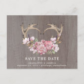 Rustic Boho Blush Floral Antlers Save the Date Ann Aankondigingskaart (Voorkant)