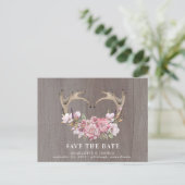 Rustic Boho Blush Floral Antlers Save the Date Ann Aankondigingskaart (Staand voorkant)