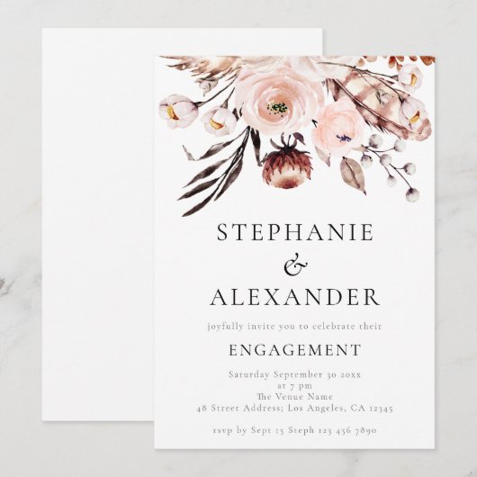 Rustic Boho Blush Florals Engagement Party Kaart (Voorkant / Achterkant)