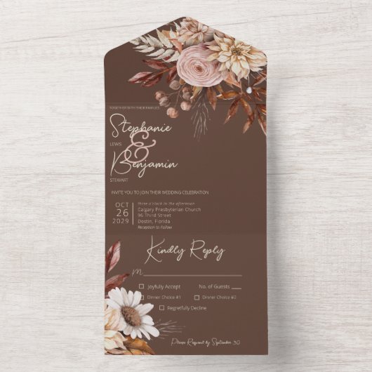Rustic Boho Blush Neutrals Floral Brown Dinner All In One Uitnodiging (Binnen)