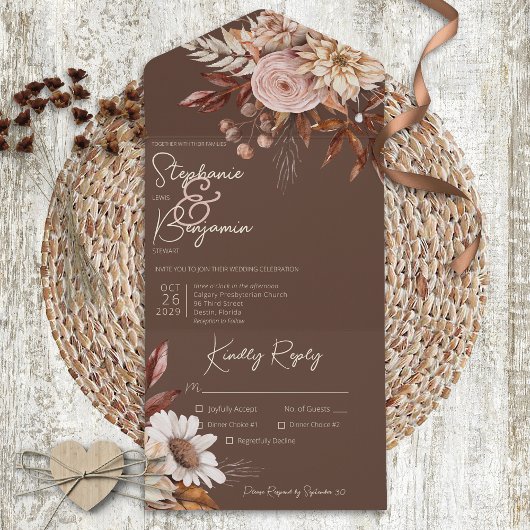 Rustic Boho Blush Neutrals Floral Brown Dinner All In One Uitnodiging