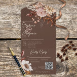 Rustic Boho Blush Neutrals Floral Brown QR Code All In One Uitnodiging<br><div class="desc">BESCHIKBAAR MET OF ZONDER EEN QR-CODE OM IN HET RSVP-GEBIED TE SCAN. Dit ontwerp is voorzien van boho bouquets van bruin, bruin, crème en zacht blauw op een chocoladebruine achtergrond. Voeg een code QR aan uw uitnodiging toe zodat de gasten tot uw trouwwebsite voor details, richtingen, menuopties, en meer kunnen...</div>