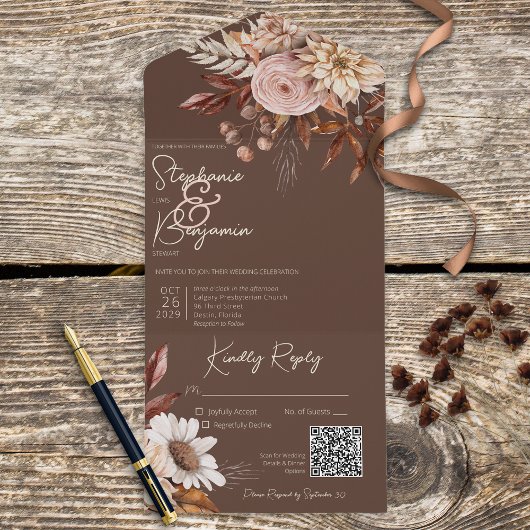 Rustic Boho Blush Neutrals Floral Brown QR Code All In One Uitnodiging