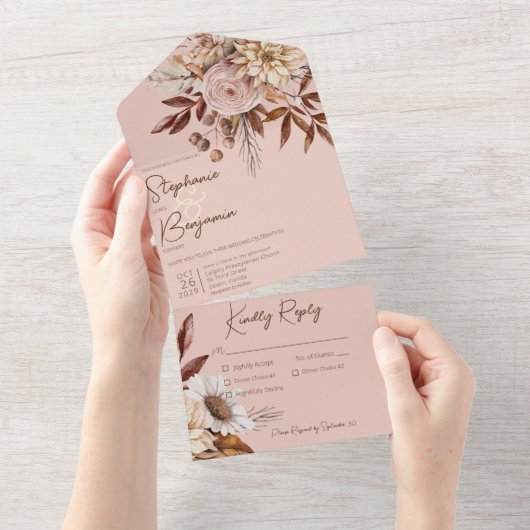 Rustic Boho Blush Neutrals Floral Pink Dinner All In One Uitnodiging (Afscheurbaar)