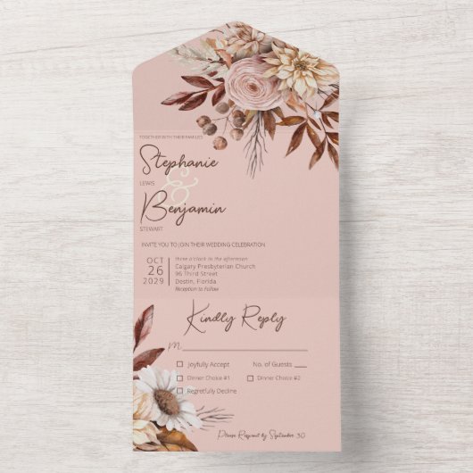 Rustic Boho Blush Neutrals Floral Pink Dinner All In One Uitnodiging (Binnen)