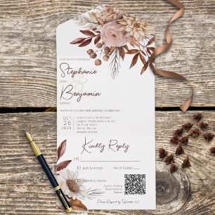 Rustic Boho Blush Neutrals Floral White QR Code All In One Uitnodiging