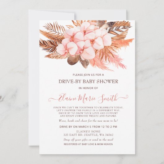Rustic Boho Blush Pampas drive by Baby shower Kaart (Voorkant)