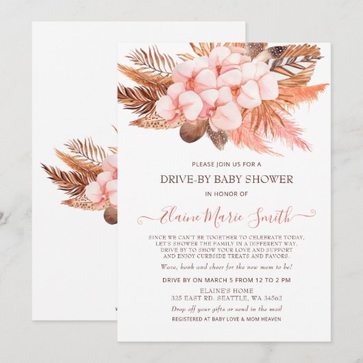 Rustic Boho Blush Pampas drive by Baby shower Kaart (Voorkant / Achterkant)