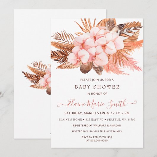 Rustic Boho Blush Pampas Grass Girl Baby shower Kaart (Voorkant / Achterkant)