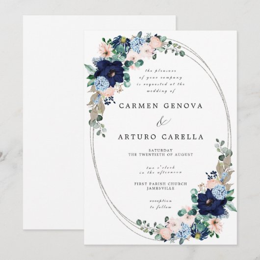 Rustic Boho Blush Pink Dusty Blue Floral Weddensch Kaart (Voorkant / Achterkant)