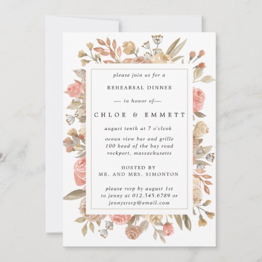 Rustic Boho Blush Roos Floral repesal Dinner Kaart (Voorkant)