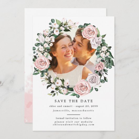 Rustic Boho Botanical Wreath Photo Wedding Save The Date (Voorkant / Achterkant)