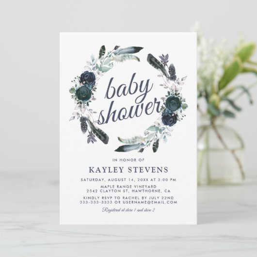 Rustic Boho Boy Blue Floral Baby shower Kaart (Staand voorkant)
