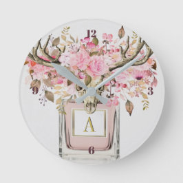 Rustic Boho Bull Skull Floral Monogram Chic Ronde Klok