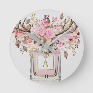 Rustic Boho Bull Skull Floral Monogram Chic Ronde Klok